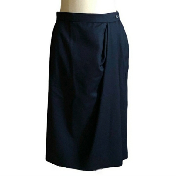 YVES SAINT LAURENT RIVE GAUCHE Navy Pleated Wrap Wool Midi SkirtVintage … - Picture 1 of 6
